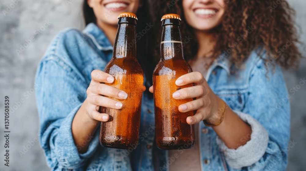 Female hands holding beer bottles on grey background Female hands holding beer bottles on grey background