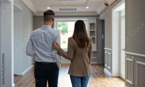 Couple exploring spacious modern interior during house tour on a sunny day