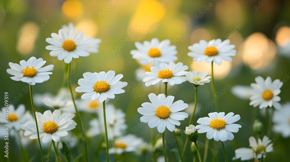 Fototapeta premium A field of daisies bathed in warm sunlight, their white petals glowing softly against a blurred green background.
