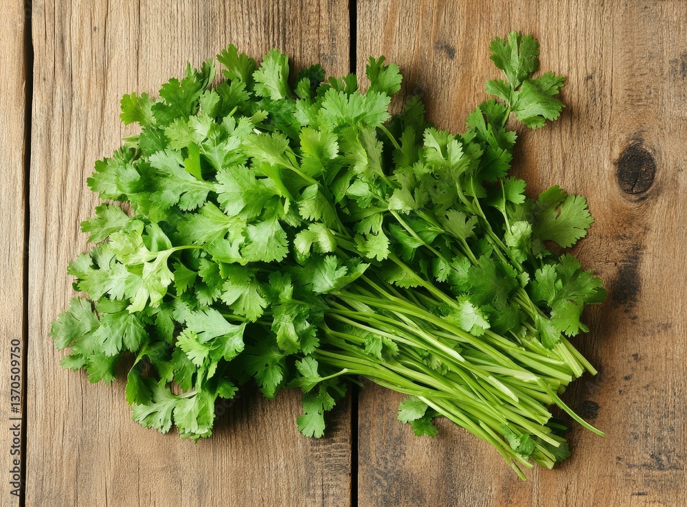 Fresh Cilantro Bunch Laying on Rustic Wooden Table Ready for Cooking Fresh Cilantro Bunch Laying on Rustic Wooden Table Ready for Cooking