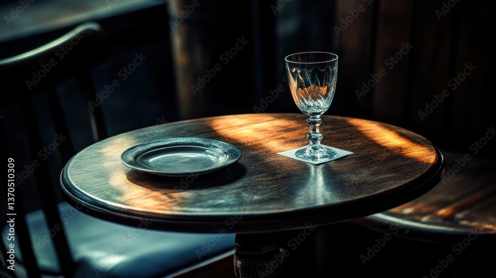 A small table with a glass and a plate on it A small table with a glass and a plate on it