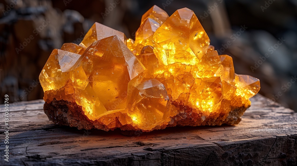 A mesmerizing display of a radiant golden crystal cluster, illuminated from within, resting on a rustic wooden surface, showcasing nature's intricate beauty and luminescence A mesmerizing display of a radiant golden crystal cluster, illuminated from within, resting on a rustic wooden surface, showcasing nature's intricate beauty and luminescence