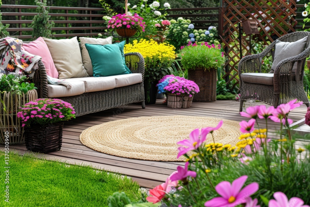 Fototapeta premium A cozy outdoor seating area adorned with vibrant flowers, comfortable cushions, and a natural rug, perfect for relaxation and enjoyment in nature.