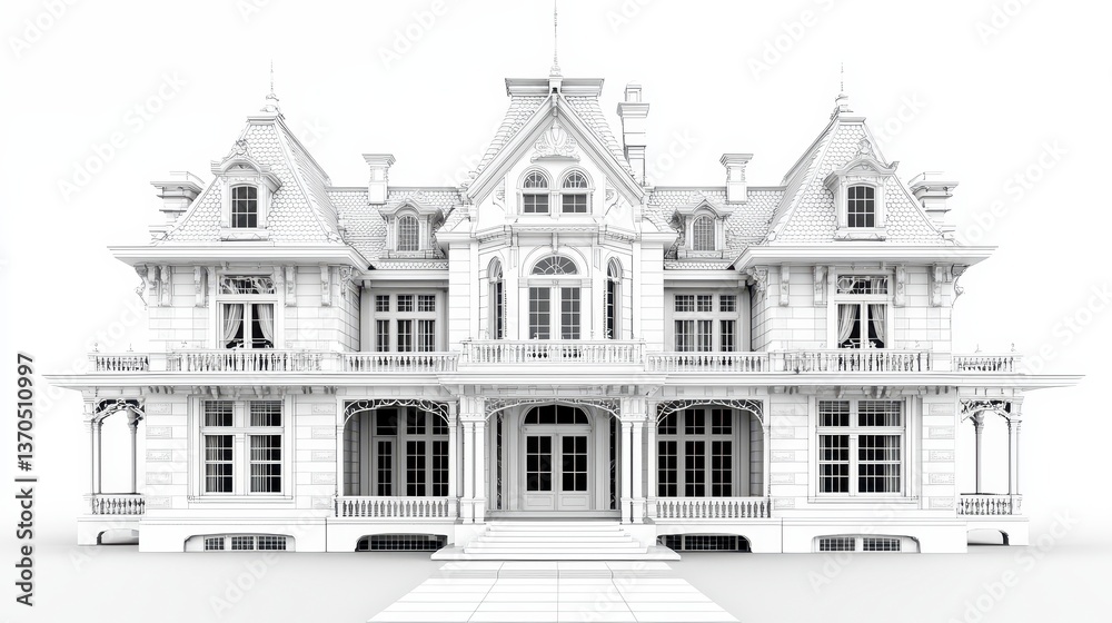 Fototapeta premium Elaborate Victorian Mansion Architectural Rendering in Monochromatic Palette on White Backdrop