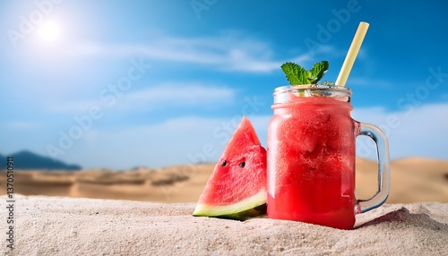Watermelon Slushie_A frozen, icy drink made from fresh watermelon, served in a mason jar with a colorful straw and mint garnish on blue sky and desert in backdrop