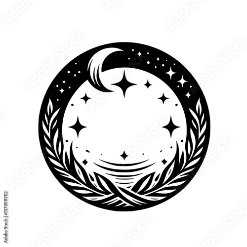 Celestial Emblem: Crescent Moon, Stars, and Foliage in a Circle