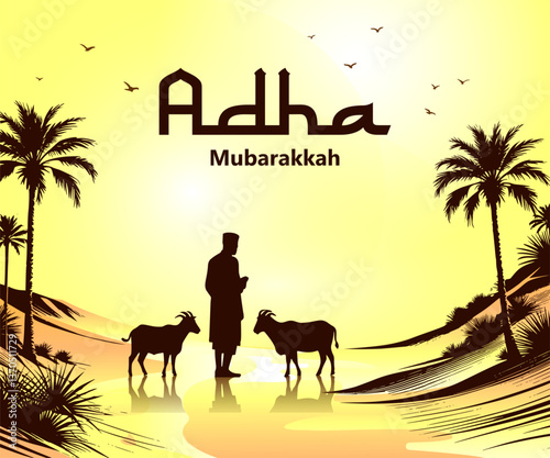 Scenic Eid al-Adha Celebration in Arabian Landscape – Vector Illustration