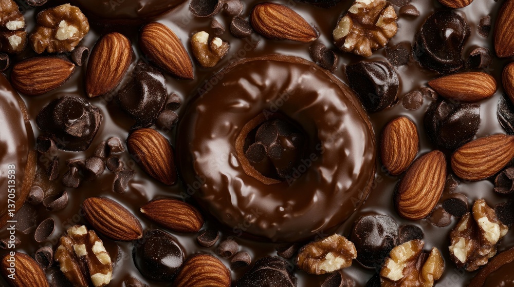 A delicious chocolate covered donut with nuts and chips on top A delicious chocolate covered donut with nuts and chips on top