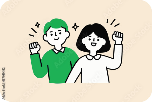 Empowered Duo Celebrating Success: Joyful Man and Woman Raising Fists in Triumph, Vector Illustration for Motivation and Achievement.