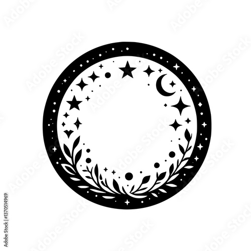 Celestial Black & White Circle Frame: Stars, Moon, Leaves