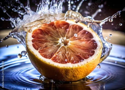 High-speed grapefruit drop into water dramatic splash effect juicy symbolism close-up studio setting
