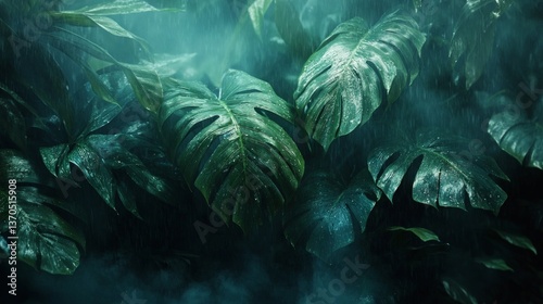 Dark Green Tropical Rainforest Leaves with Rain Drops
