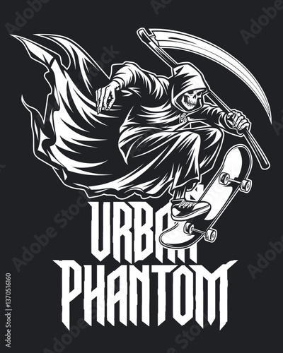 Grim Skateboarder: An Illustration of a Skeleton Grim Reaper Pulling off a Skateboard Trick, embodying the spirit of street culture and thrilling sports