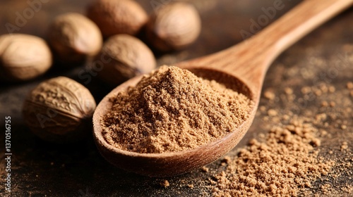 Nutmeg Powder in a Rustic Wooden Spoon with Whole Nuts Beside