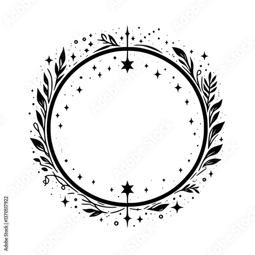 Celestial Wreath Illustration - Black and White Floral Frame with Stars