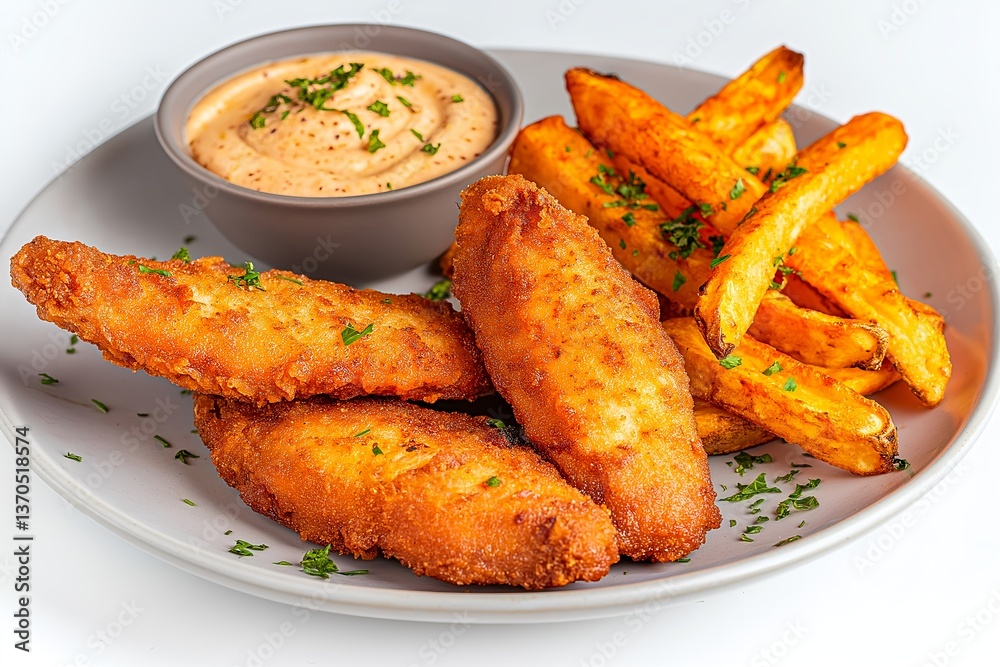 Fototapeta premium Gourmet Fried Chicken Tenders with Truffle Aioli and Sweet Potato Fries, Fine Dining Plate, Elegant Food Presentation, Modern Culinary Styling, High-End Dish, Fresh Herbs, Natural Lighting