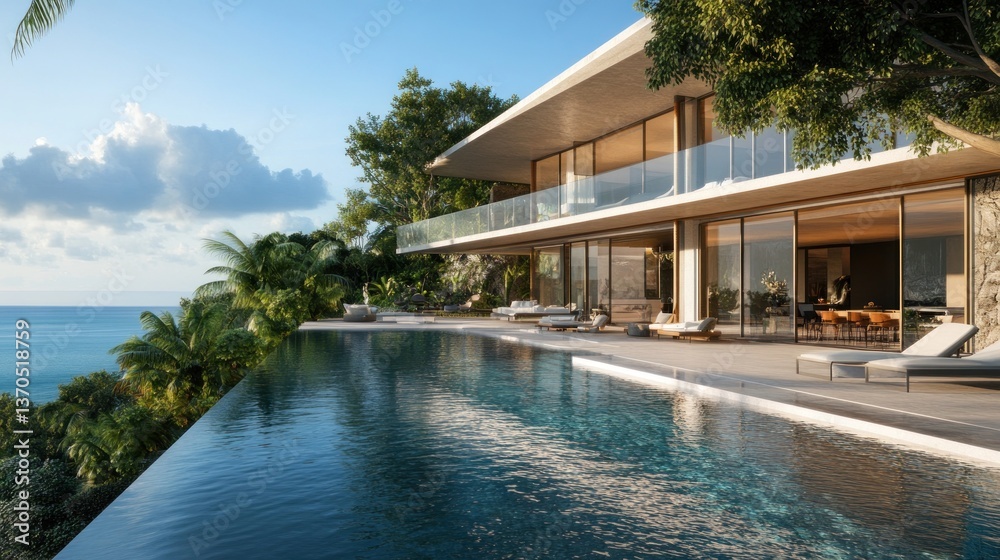 Fototapeta premium Spectacular oceanfront villa, with infinity pool, blending seamlessly with tropical paradise