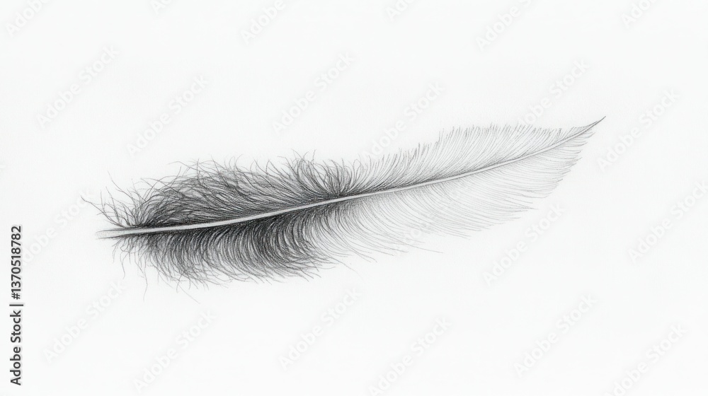 A detailed monochrome pencil illustration of a delicate feather on white.
