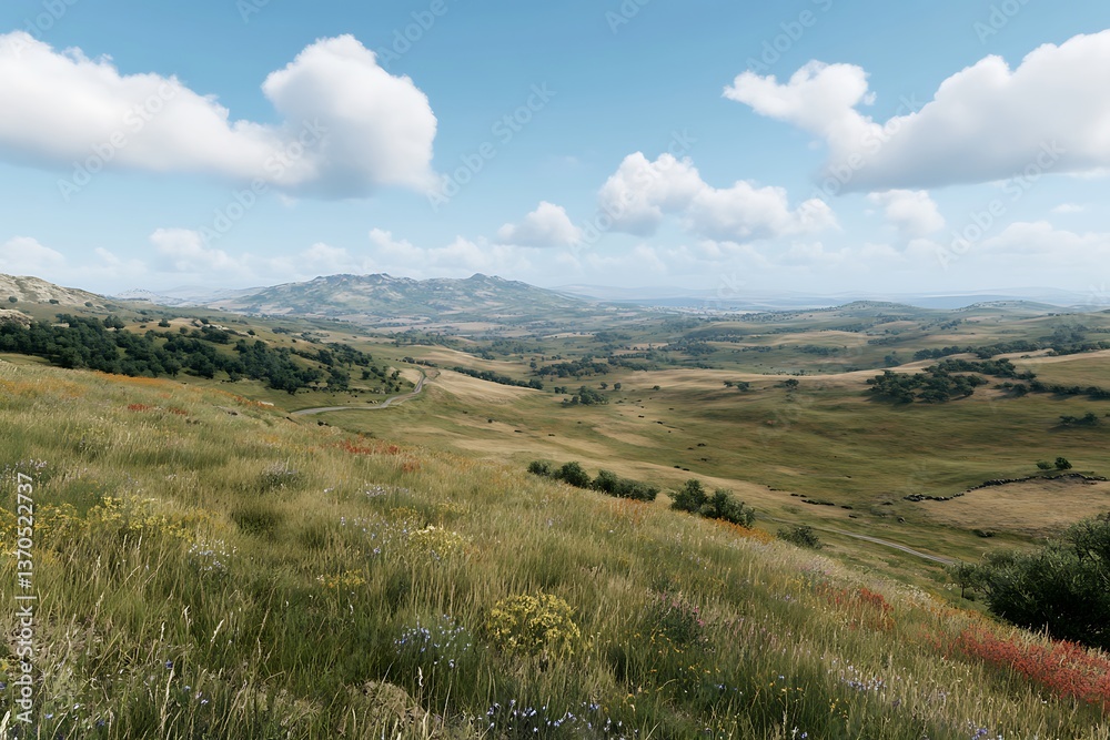 Obraz premium Serene and beautiful landscape featuring a few colorful flowers amidst lush greenery and hills
