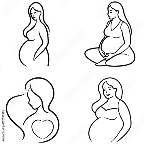 Set of Line Art Drawing of a Pregnant Woman Cradling Her Belly illustration