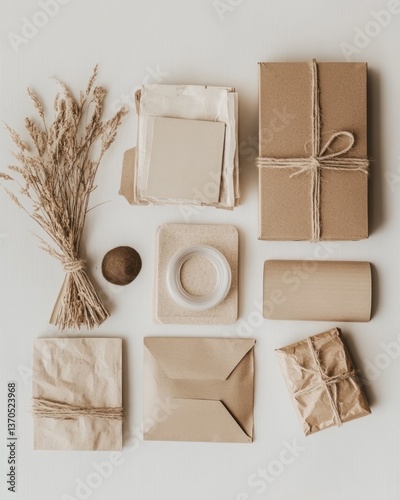 Wallpaper Mural Neutral tones, craft supplies, and gifts.  A curated collection of earthy tones, paper goods, and presents.  Natural elements like dried reeds and muted colors create a calming, minimalist aesthetic Torontodigital.ca