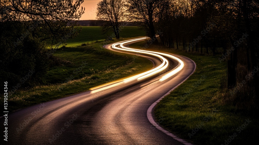 Fototapeta premium A winding country road with passing car light trails