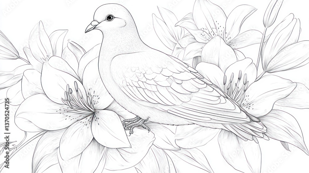custom made wallpaper toronto digitalPigeon and Lilies, Black and White, Illustration, Decorative, Coloring Book, Background, Art, Print