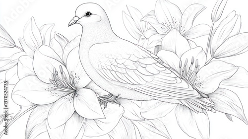 Wallpaper Mural Pigeon and Lilies, Black and White, Illustration, Decorative, Coloring Book, Background, Art, Print Torontodigital.ca
