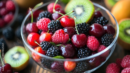 Berry abundance! Cherries, blackberries, raspberries & kiwi overflow a glass bowl atop rustic wood. A vibrant, delicious still life