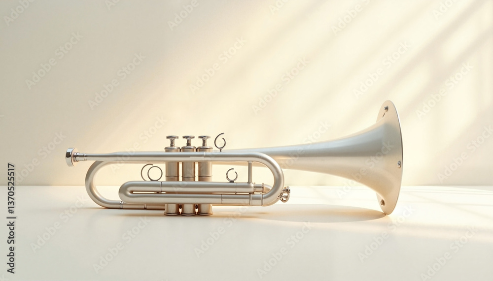 Obraz premium Silver trumpet against a soft light background 