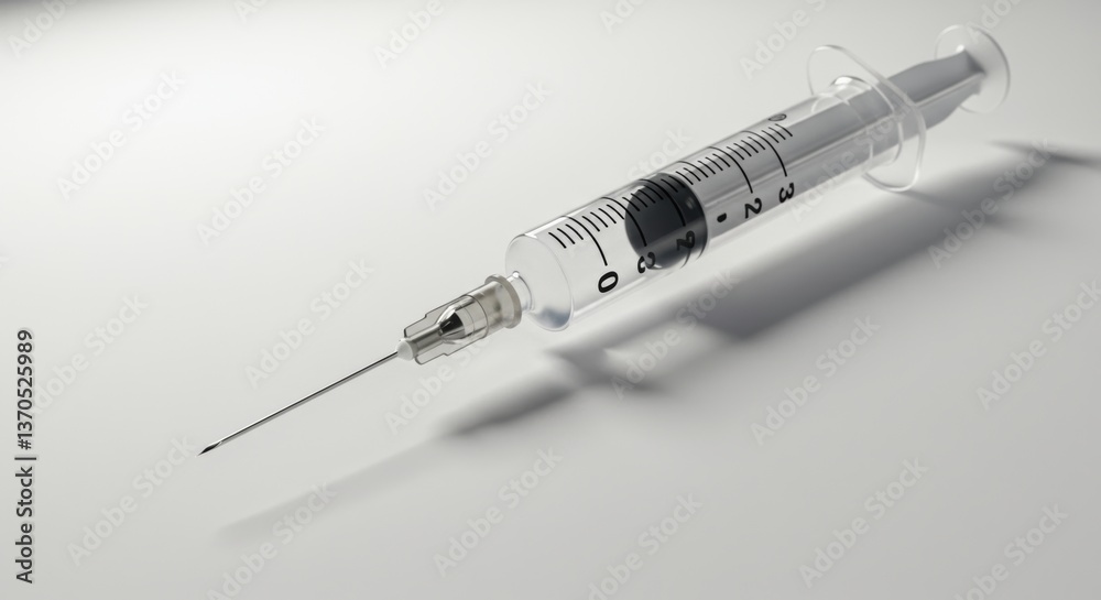 Hypodermic syringe under natural light on plain white background creating shadow