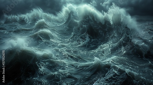 A dramatic scene of turbulent ocean waves crashing against each other under a dark, ominous sky, capturing the raw power and intensity of nature