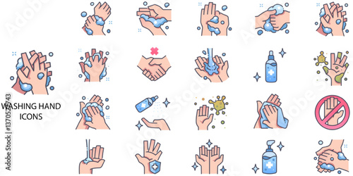 Washing Hand simple concept 24 color icons set. Contains such cleaning, garbage, prevention, clean, disinfection .Vector illustration.