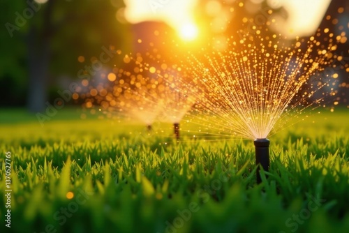 Modern sprinkler system irrigates vibrant green grass at sunset, automated, sprinklers, beautiful