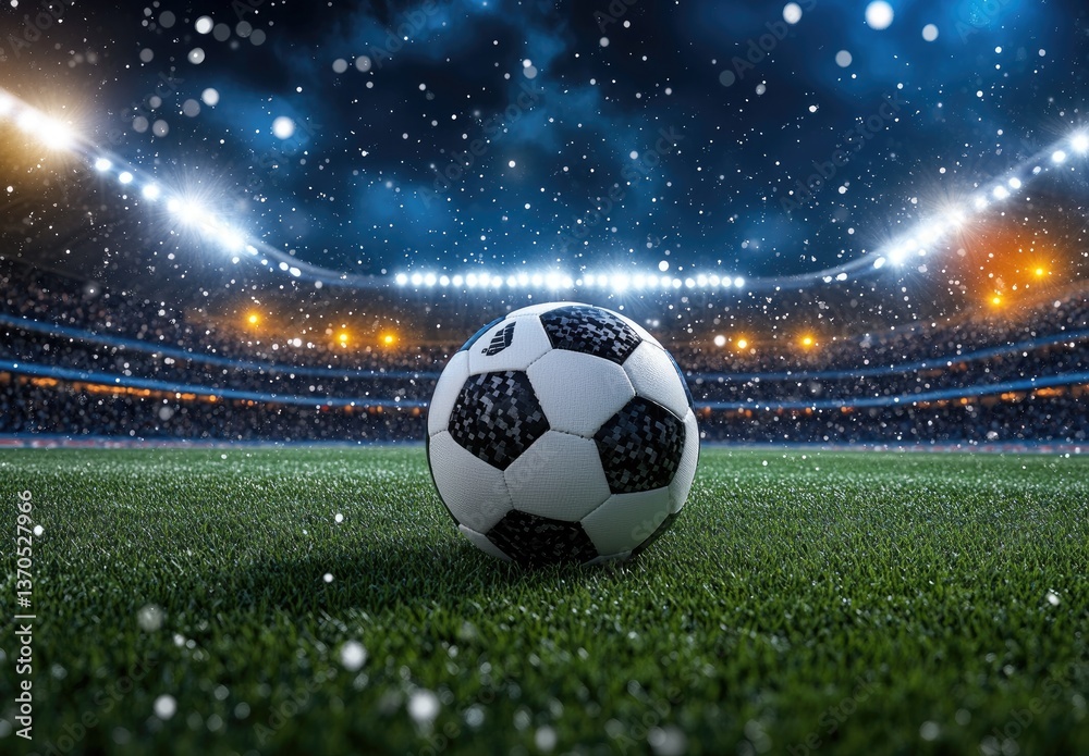 Fototapeta premium Vivid Soccer Ball on Green Grass in a Packed Stadium Under Bright Spotlights with Dark Sky Creating a Dynamic Sports Atmosphere with Falling Snow