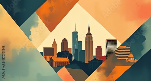 City Skyline Silhouette with Geometric Shapes and Warm Colors Design