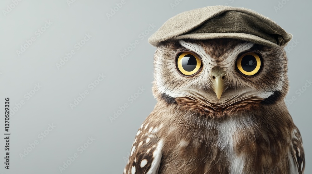 Fototapeta premium Owl in costume spreading happiness indoor setting animal portrait playful atmosphere close-up view whimsical concept