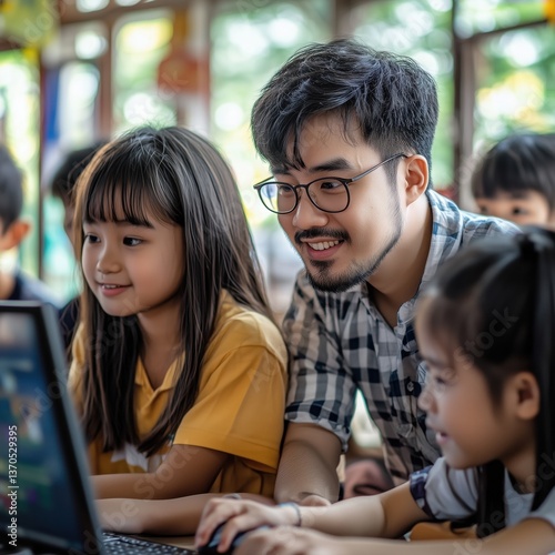 Digital Literacy Education in Thailand: Children Using Computers and Headphones for Online Learning in Classroom, National Digital Literacy Project (NDLP)