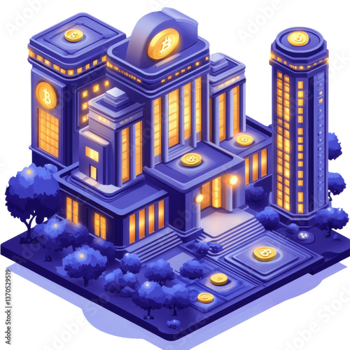 digital bank building with glowing cryptocurrency symbols, surrounded by trees and pathways, represents modern finance