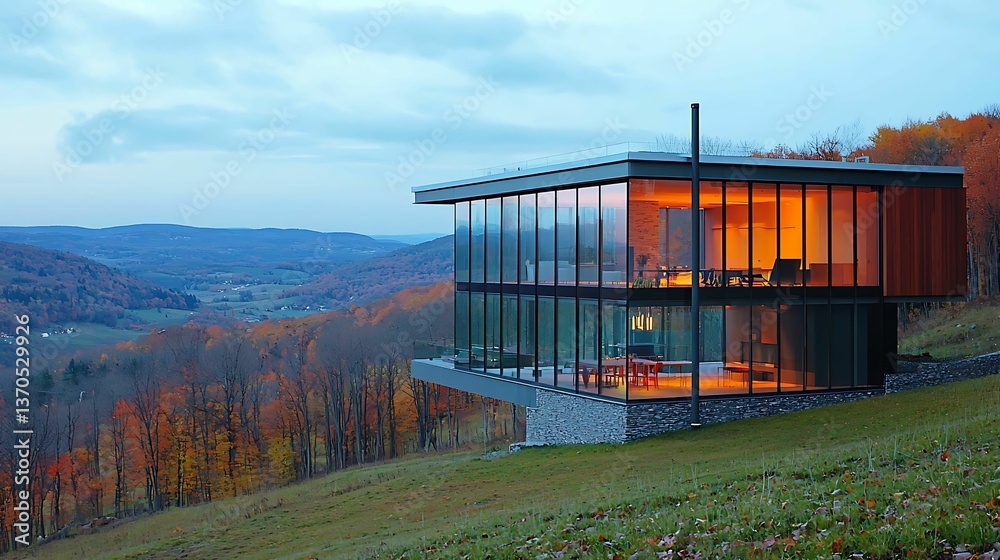 Fototapeta premium A modern glass house overlooking a scenic valley, surrounded by autumn foliage and bathed in warm evening light.