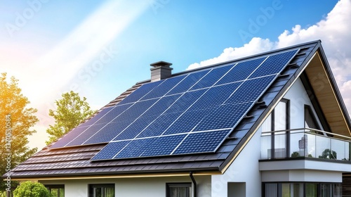 Imagine : A modern detached house with a photovoltaic system on the roof, under bright sunshine