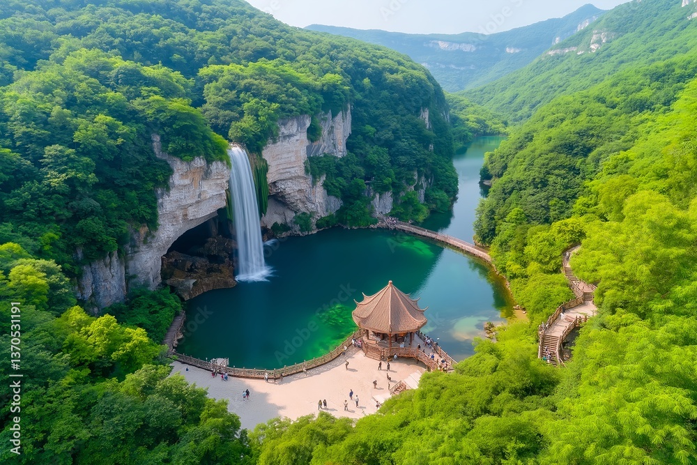 Aerial View of Cascading Multi-Tiered Waterfall with Lush Green Forest, Turquoise Lakes, Golden Sunrise, Mist Rising, Wooden Footbridges, Scenic Landscape, Nature Travel, Wilderness Adventure Aerial View of Cascading Multi-Tiered Waterfall with Lush Green Forest, Turquoise Lakes, Golden Sunrise, Mist Rising, Wooden Footbridges, Scenic Landscape, Nature Travel, Wilderness Adventure