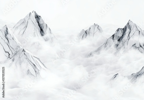 3D rendering of white marble mountains with black watercolor lines on them, floating in the air, surrounded by white fog