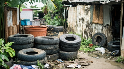 The presence of dengue vectors in discarded tires and artificial water containers in houses and peridomestic areas breeding grounds of mosquito , gnats, larvae in rain water 