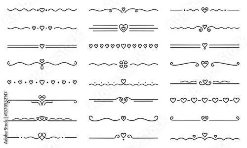Text dividers with hearts doodle set. Wedding decorative elements. Separate ornament, borders, lines. Hand drawn vector illustration isolated on white background