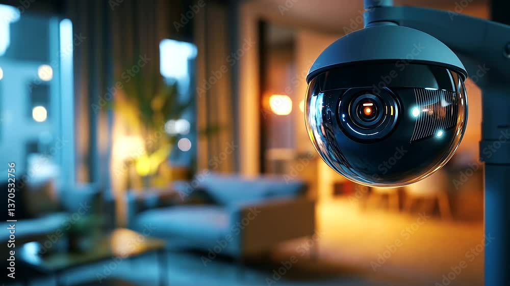 Compact indoor security camera with a spherical lens, close-up showcasing motion tracking sensors and status lights, with warm ambient lighting from the living room