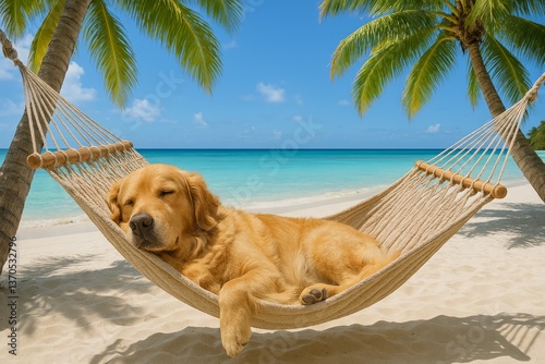 Obraz na płótnie Golden retriever sleeping in hammock on tropical beach under palm trees. w salonie