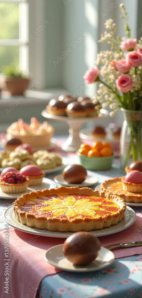 Delicious dessert table with spring flowers and colorful pastries Delicious dessert table with spring flowers and colorful pastries