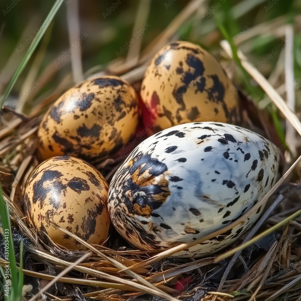 Nest with varied eggs in grass near forest Nest with varied eggs in grass near forest