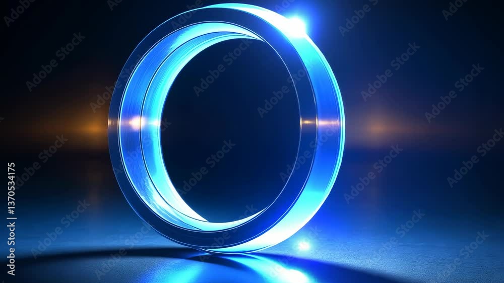 Glowing blue ring with reflective surface illuminated in dark setting Glowing blue ring with reflective surface illuminated in dark setting